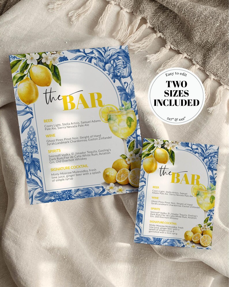 Limoncello Spritz Bar Menu Template, Citrus Lemon Amalfi Coast Bridal Shower Sign 102LE-BAME image 13