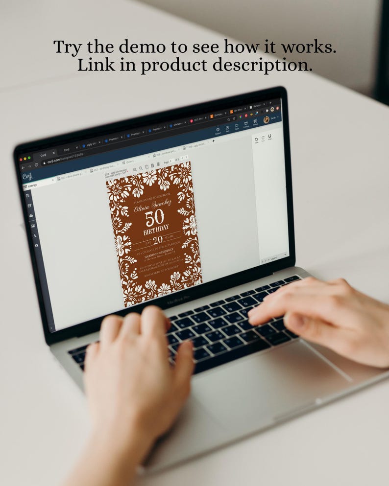 Peut inclure: Un ordinateur portable affiche une invitation d'anniversaire de 50 ans avec un motif floral marron et blanc. L'invitation indique "Olivia Sanchez 50 BIRTHDAY 20". L'&eacute;cran affiche &eacute;galement le texte "Try the demo to see how it works. Link in product description."