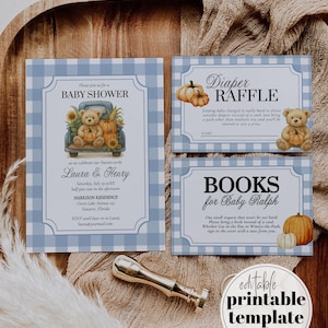 May include: Baby shower stationery set with a blue gingham design. The invitation features a teddy bear in a truck with pumpkins and sunflowers. Inserts include a diaper raffle and book request. A gold wax seal is also present.