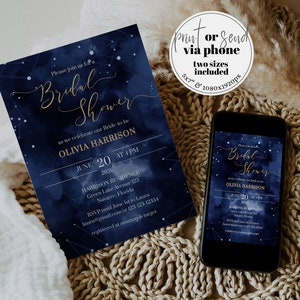 May include: A blue and gold bridal shower invitation with a constellation design. The invitation includes the bride-to-be's name, Olivia Harrison, the date and time of the shower, and the location. It also includes the RSVP information and the registry information.
