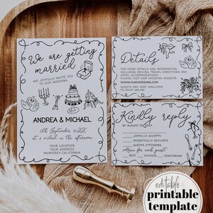May include: A printable wedding invitation template with black and white illustrations of swans, candles, a cake, and a ring. The text reads "We are getting married" and includes the couple's names, wedding date, time, and location. The template also includes a separate card for guests to RSVP with options for accepting, declining, and meal choices.