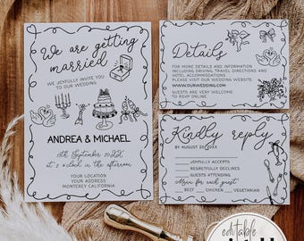 Wavy Wedding Invitation Suite, Quirky Doodle Illustrated Wedding Invite Set, Editable Template 070BW-WEINV