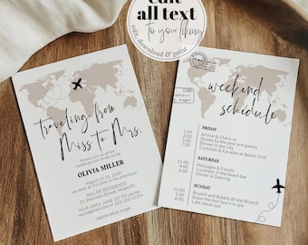 Travel Bachelorette Itinerary, World Map Boarding Pass Weekend Schedule Template 072W-BACHINV