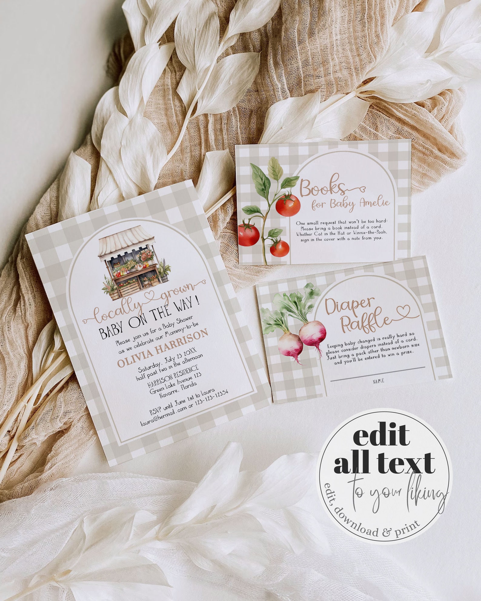 Gender Neutral Locally Grown Baby Shower Invitation Farmers Market Stand Shower Invite Bundle, Veggie Printable Template Homegrown Baby #068