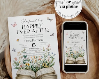 Book Bridal Shower Invitation, She found her happily ever after, True Love Story Wildflower Butterfly Storybook themed Bridal Shower #068