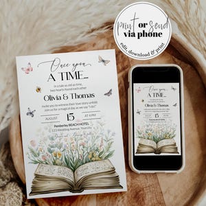 May include: A wedding invitation with a whimsical design featuring an open book with floral illustrations and butterflies. The text reads "Once upon a time... Olivia & Thomas" and includes the date and time of the wedding. The invitation is printed on a white background.