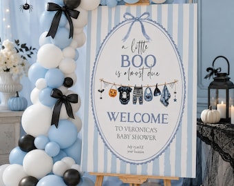 Halloween Baby Shower Welcome Sign, Blue Little Boo Boy Cottagecore Decor printed Sign 089HA-WLCM