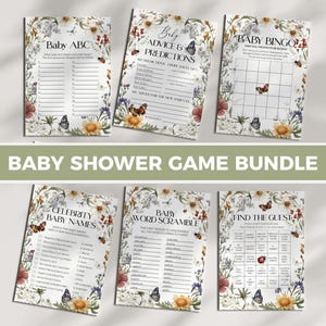 Paquete de juegos para baby shower con diseño de insectos del amor de flores silvestres, un pequeño insecto del amor está en camino, juegos de fiesta, plantilla imprimible para baby shower con mariposas neutrales n.° 072