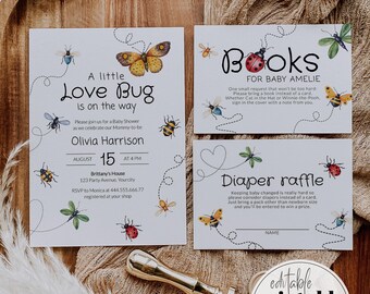 Little Love Bug Baby Shower Invitation Template, Bee and Butterfly Party Theme Printable 101LB2-BSINV