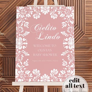 Pink Cielito Lindo Welcome Sign Template, Vintage Mexican Baby Shower Decorations Sign for Girls, Talavera Papel Picado Template #067
