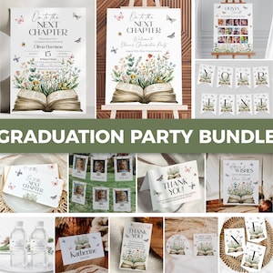 May include: A graduation party bundle featuring invitations, welcome signs, and thank you cards. The designs include floral and butterfly motifs, with the text "On to the Next Chapter" and "Thank You". The bundle includes a banner that spells out "YOUR TEXT".