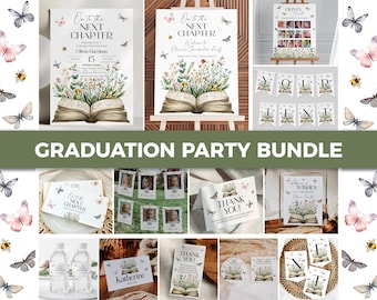 Puede incluir: Un paquete de fiesta de graduación con invitaciones, carteles de bienvenida y tarjetas de agradecimiento. Los diseños incluyen motivos florales y de mariposas, con el texto "On to the Next Chapter" y "Thank You". El paquete incluye una pancarta con "YOUR TEXT".