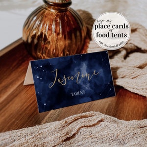 Celestial Place Card bruiloft decor voor sterrennacht bruiloft, maan bruiloft verjaardag of bruids douche in marineblauw en goud #066