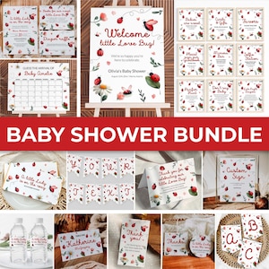 Puede incluir: Un conjunto para baby shower con temática de mariquitas. El conjunto incluye invitaciones, letreros y decoraciones. La combinación de colores es rojo, blanco y verde, con ilustraciones florales y de mariquitas. El texto "Baby Shower Bundle" se muestra en una pancarta roja.