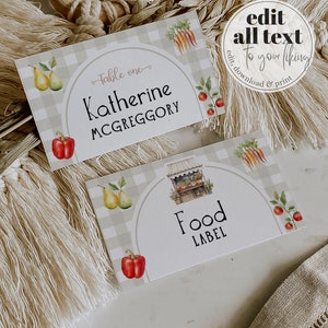 Lokaal geteelde plaatskaarten voor boerenmarkt Babyshowerversieringen, genderneutraal vegetarische voedseletiketten afdrukbare sjabloon #068