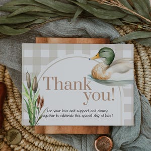 Cartão de agradecimento One Lucky Duck para o primeiro aniversário, decoração de nota de agradecimento para caça ao pato-real para meninos, modelo para impressão nº 068