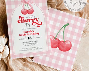 Cherry 1st Birthday Invitation Cherry On Top 1st Birthday Invite Coquette Bows, Cherries Summer First Birthday Party Printable Template #068