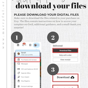 May include: A graphic with instructions on how to download digital files after purchase. The text reads "first step after purchase: download your files." The steps include navigating to "Purchases and reviews" and clicking "Download files."