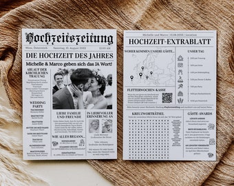 DEUTSCH Wedding Newspaper Program Template, Folded Timeline Infographic Crossword Puzzle Ceremony Editable Printable 065BWILA