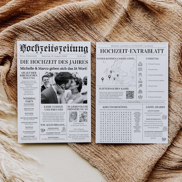 DEUTSCH Newspaper Wedding Program Template | Timeline Infographic | Folded Wedding Day Program & Crossword Puzzle | Printable Template #065b