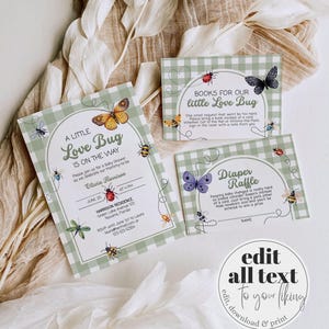 May include: A green and white gingham baby shower invitation with a cute illustration of a love bug. The invitation includes the text "A Little Love Bug is on the Way" and details for the baby shower. There are also two additional cards for a diaper raffle and a book request.
