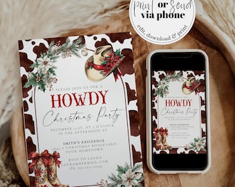 May include: A rectangular Christmas party invitation card and a smartphone displaying the same design. Both feature a brown and white cow print background, a cowboy hat, poinsettias, pine branches, and cowboy boots with red bows.