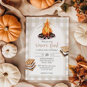 Smores Birthday Invitation Printable Firepit Marshmallow and Smores Party Invite Template for Outdoor Camping Sleepover Party #068