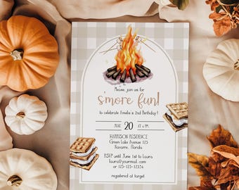 Smores Birthday Invitation, Camping Bonfire Marshmallow Party Template 014SM-BINV