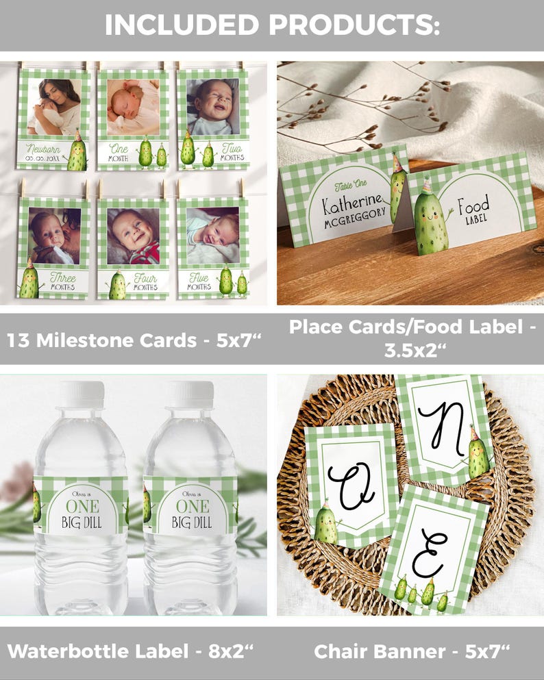 Op de afbeelding: Een verzameling baby shower decoraties met een groen en wit geruit thema. Inclusief mijlpaalkaarten met babyfoto's, naambordjes, waterfleslabels en een stoelbanner. Het thema heeft een cartoon augurk.