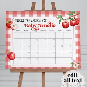 Apple Guess Babys Due Date Sign Fall Baby Shower Game Sign for Apple of our Eye Party, Apple themed Baby Arrival Game Decor Template #068