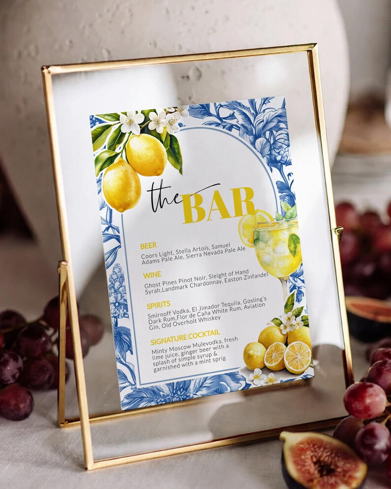 Limoncello Spritz Bar Menu Template, Citrus Lemon Amalfi Coast Bridal Shower Sign 102LE-BAME image 8