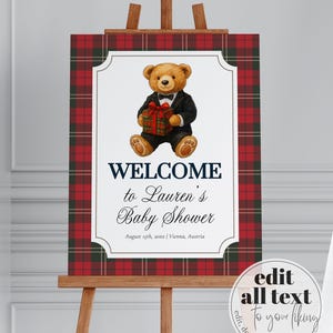 Christmas Bear Baby Shower Welcome Sign Teddy Bear Theme Ralph Vintage Santa Polo Welcome Sign with Tuxedo Bear Party Decor Template #068