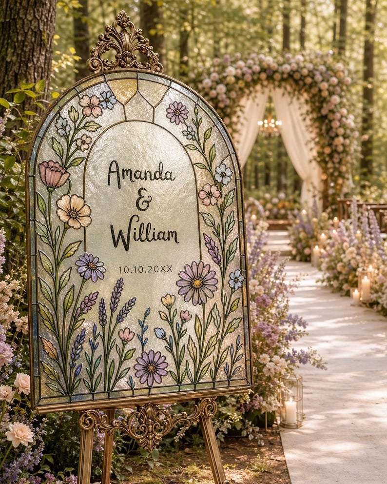 Pode incluir: Uma placa de casamento em vitral com os nomes "Amanda & William" e a data "10.10.20XX". A placa &eacute; decorada com flores e folhagens coloridas, colocada em um cavalete dourado, em um cen&aacute;rio de jardim.