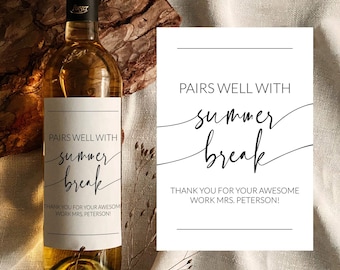 Modèle d'étiquette de vin personnalisée : se marie bien avec les vacances d'été | cadeau drôle de professeur #072