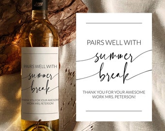 Custom Wine Label Template: Pairs well with summer break | funny teacher gift