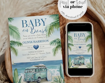 Op de afbeelding: Een baby shower uitnodiging met een blauw en wit kleurenschema. De uitnodiging toont een vintage busje met een surfboard op het dak, palmbomen en de tekst "Baby on Board". De uitnodiging bevat ook de naam Olivia Harrison en de datum en tijd van de babyshower.