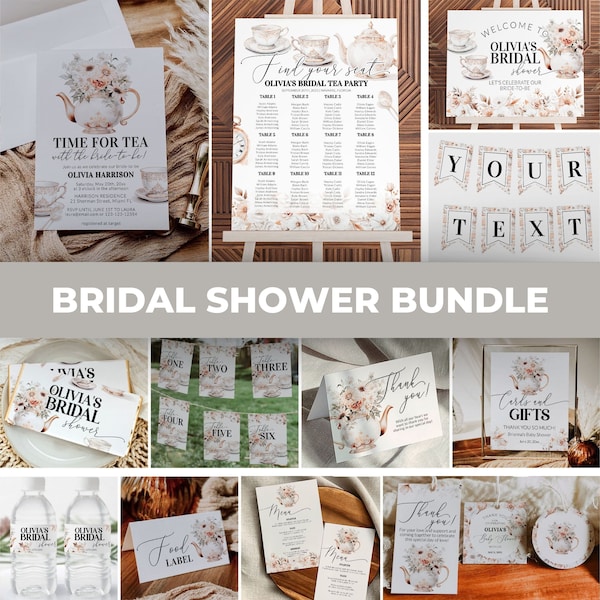 Bridal Tea Party Bundle Template, High Tea Invitation Set and Garden Brunch Decor 029WT-BRSBUNDLE