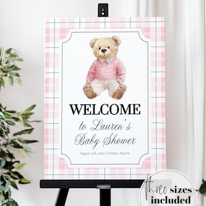 Pink Polo Teddy Bear Baby Shower Welcome Sign for Girls Editable Vintage Classic Bear Baby Shower Decorations Sign Template #068