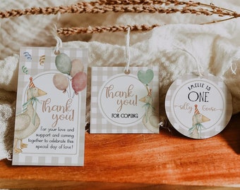 May include: Three thank you tags with a goose design. The tags are decorated with a checkered pattern and balloons. The text on the tags reads "Thank you!" and "Thank you! For coming". The third tag is round and says "Amelie is One silly Goose".