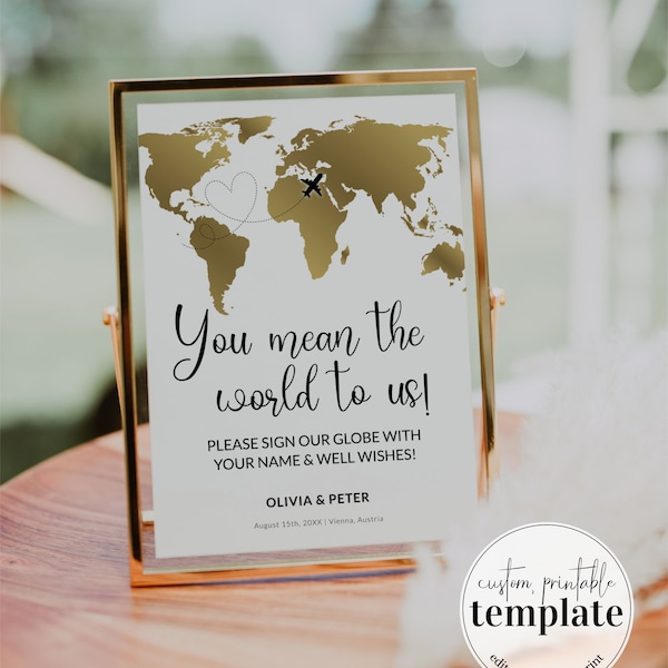 World Map Guestbook Sign Template with a Travel Theme for Destination Wedding Decoration, Guest book Alternative #072g