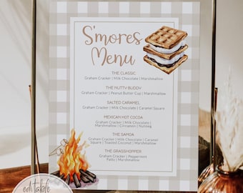 Smores Bar Menu Sign, Camping Bonfire Smores Station Printable 014SM-MENU