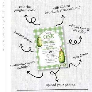 Op de afbeelding: Een verjaardagsuitnodiging met een groen en wit ruitpatroon. De uitnodiging luidt "Turning ONE is a BIG DILL" en toont een cartoon augurk. Tekst bevat "OLIVIA'S FIRST BIRTHDAY". Bewerken van tekst, lettertype en kleur is mogelijk.