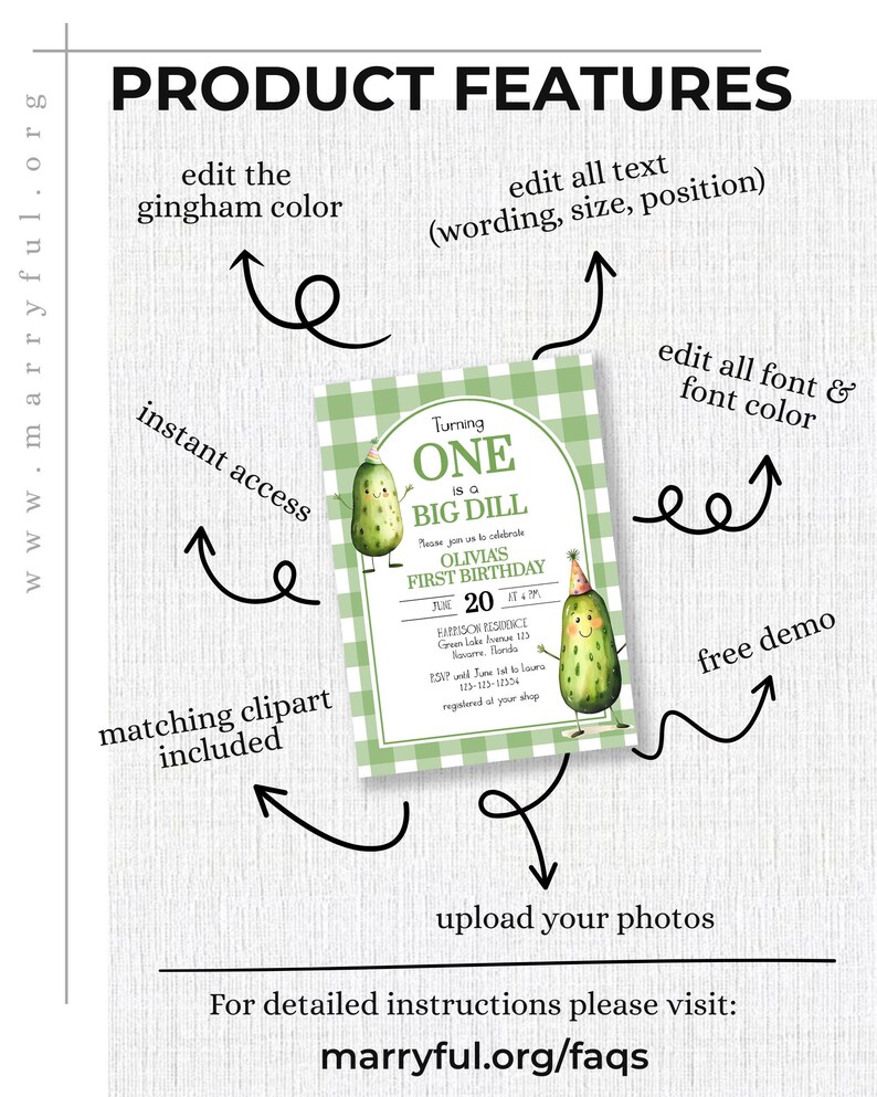 Op de afbeelding: Een verjaardagsuitnodiging met een groen en wit ruitpatroon. De uitnodiging luidt "Turning ONE is a BIG DILL" en toont een cartoon augurk. Tekst bevat "OLIVIA'S FIRST BIRTHDAY". Bewerken van tekst, lettertype en kleur is mogelijk.
