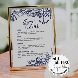 Nautical Bar Menu Sign for Beach Wedding | Custom Destination Wedding Drink Menu | Signature Cocktail or Open Bar | Printable Template #071
