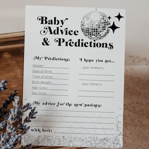 Babyadvies en -voorspellingen Spel voor een hip babyshower met jaren 70-thema, discobal, funky lettertype en zilveren glitter | Afdrukbare sjabloon #065d