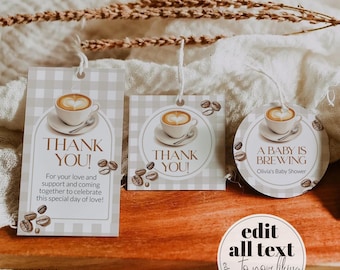 Coffee Baby Shower Sticker Template, Favor Tags Labels Cupcake Toppers Cafe Brunch Decor 088CO-TLST