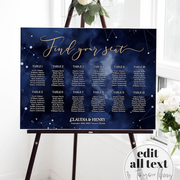 Celestial Seating Chart Template, Constellation Star Wedding Reception Sign 066CE-SEAT