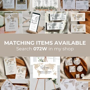 May include: A selection of wedding stationery with a travel theme, featuring world maps and airplane graphics in neutral colours. The set includes invitations, place cards, and a welcome sign. Text includes "Save the date" and "Welcome". Search 072W in my shop.