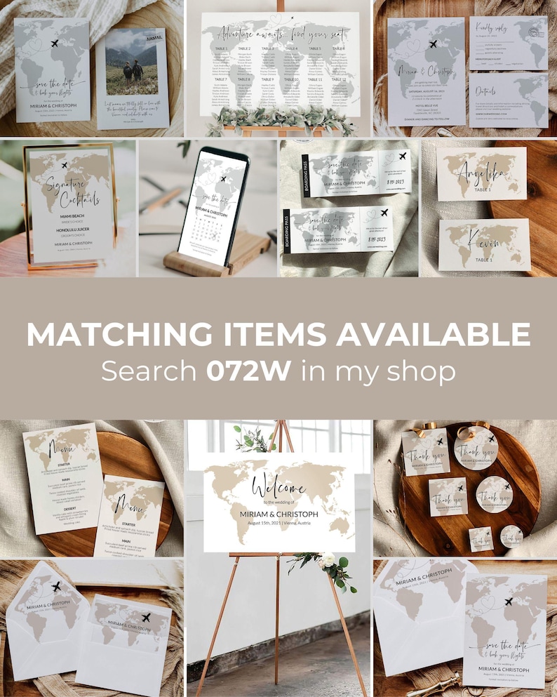 May include: A selection of wedding stationery with a travel theme, featuring world maps and airplane graphics in neutral colours. The set includes invitations, place cards, and a welcome sign. Text includes "Save the date" and "Welcome". Search 072W in my shop.