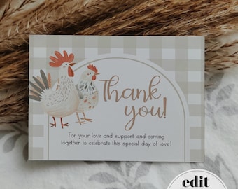 Chicken Thank You Card Template, Farm Birthday, Baby Shower, Digital Download 005BE-THCA